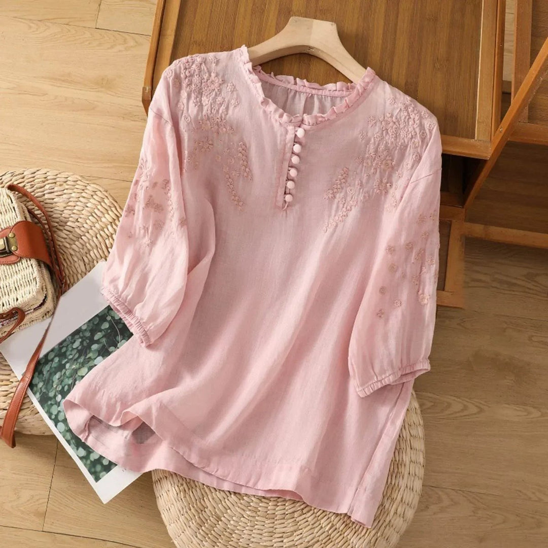 Damen Bohemian Bluse mit Blumenstickerei Rüschenkragen Puffärmeln - Pink