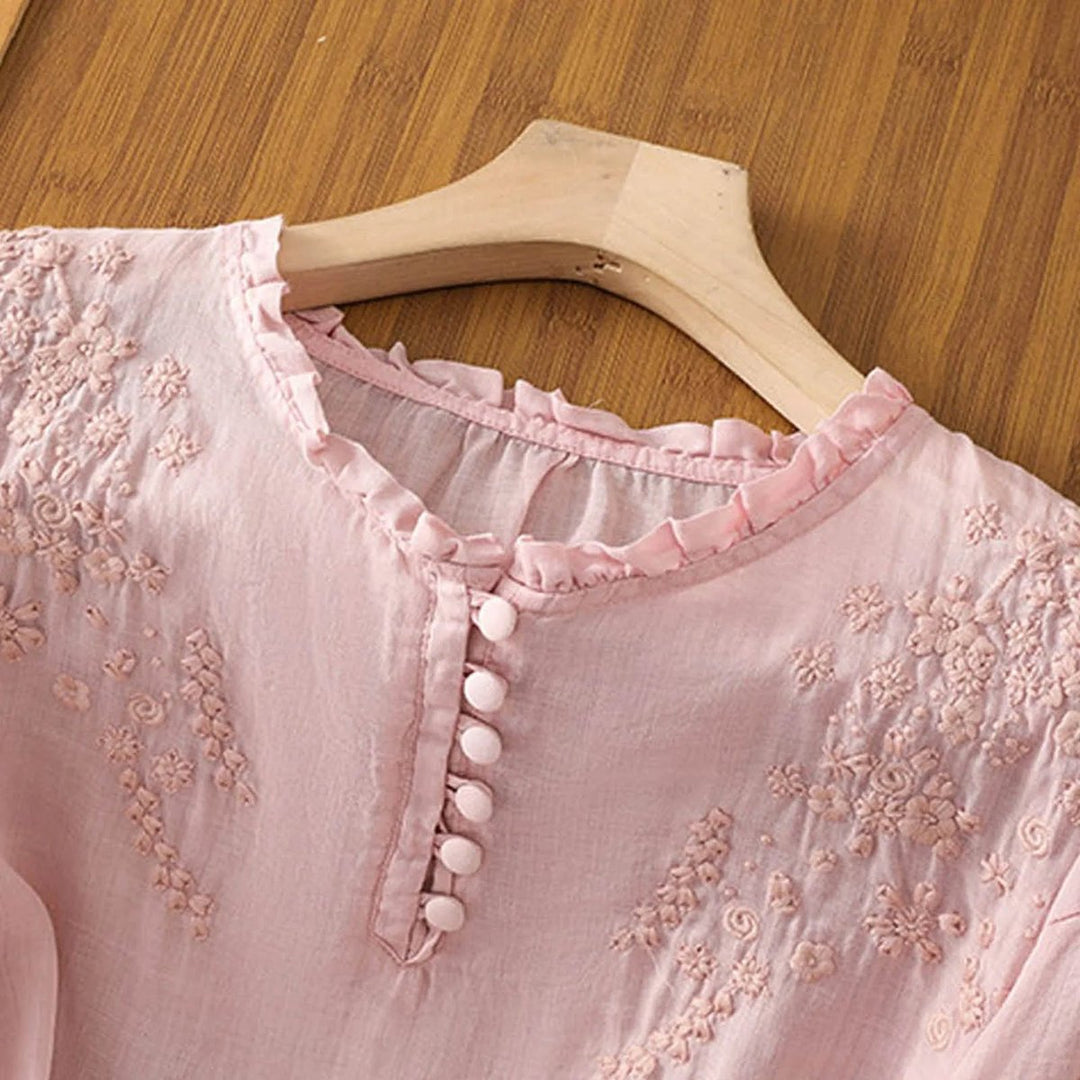 Damen Bohemian Bluse mit Blumenstickerei Rüschenkragen Puffärmeln