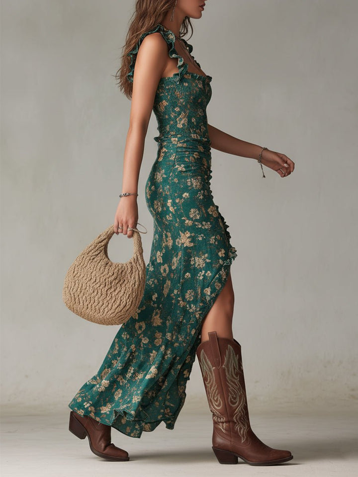 Damen Boho Blumen Maxi-Kleid mit Trägern und Beinschlitz