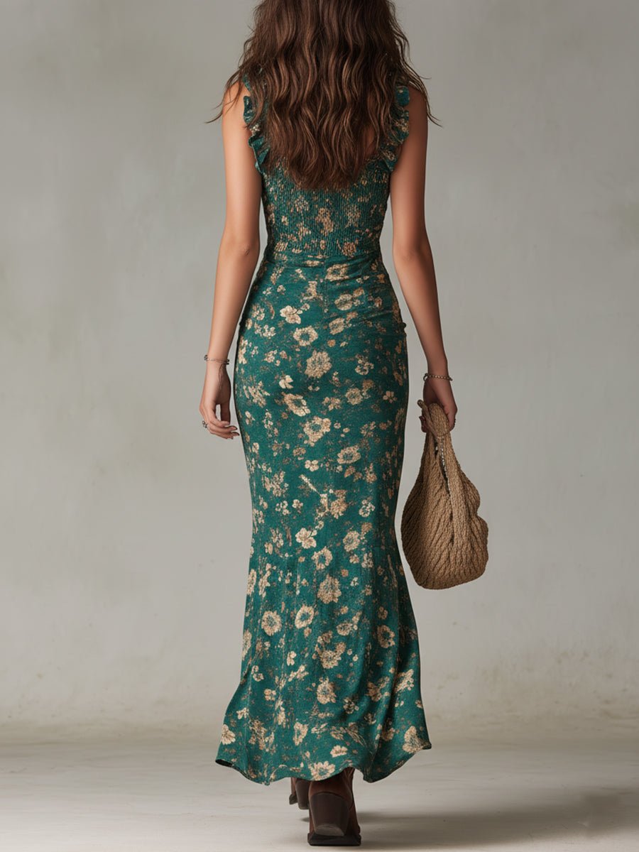Damen Boho Blumen Maxi-Kleid mit Trägern und Beinschlitz