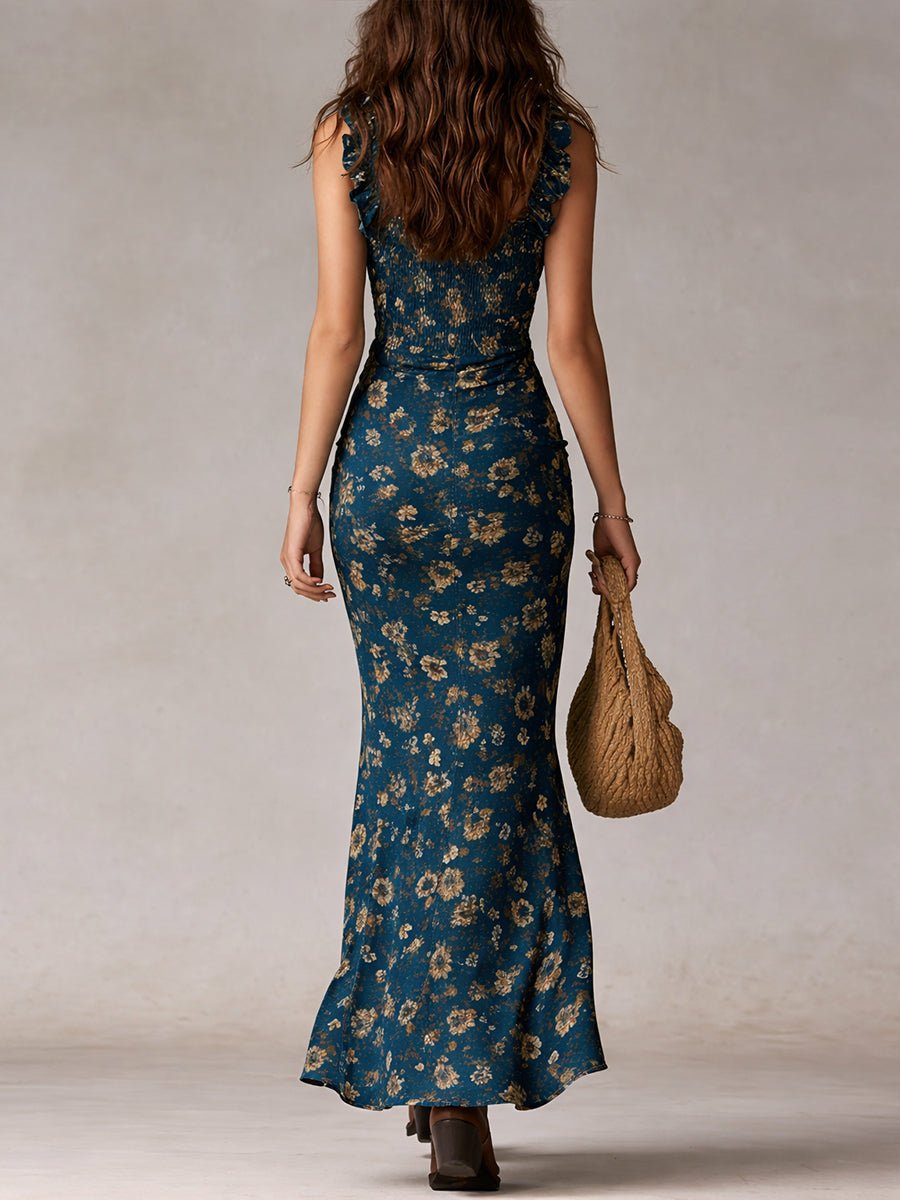 Damen Boho Blumen Maxi-Kleid mit Trägern und Beinschlitz