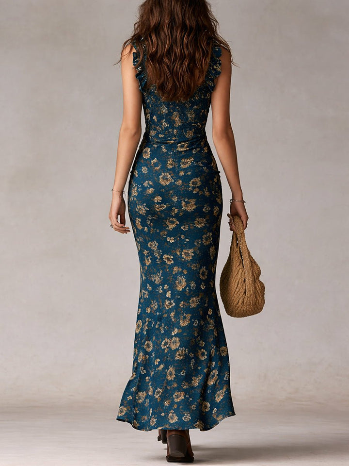 Damen Boho Blumen Maxi-Kleid mit Trägern und Beinschlitz