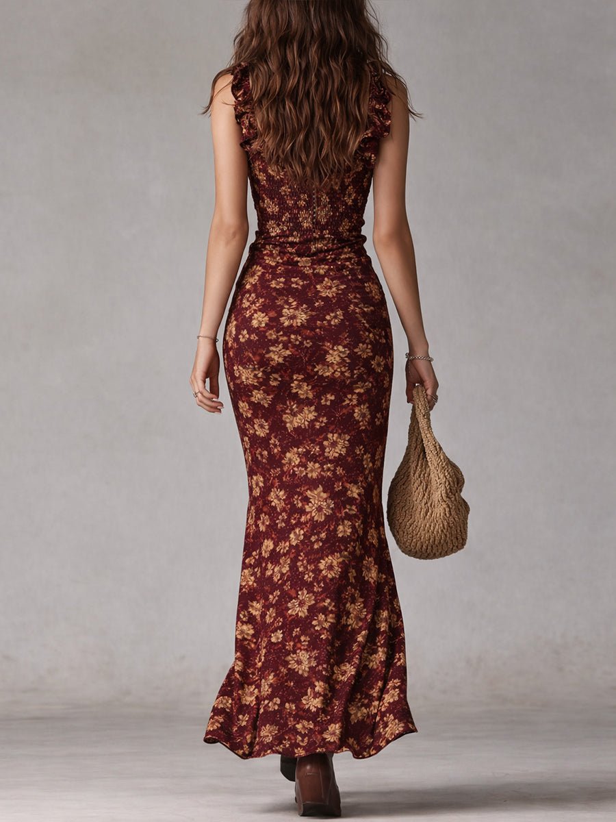 Damen Boho Blumen Maxi-Kleid mit Trägern und Beinschlitz