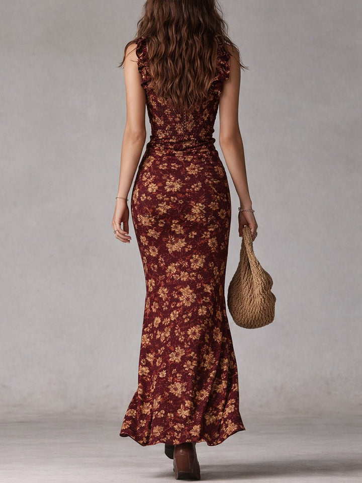 Damen Boho Blumen Maxi-Kleid mit Trägern und Beinschlitz