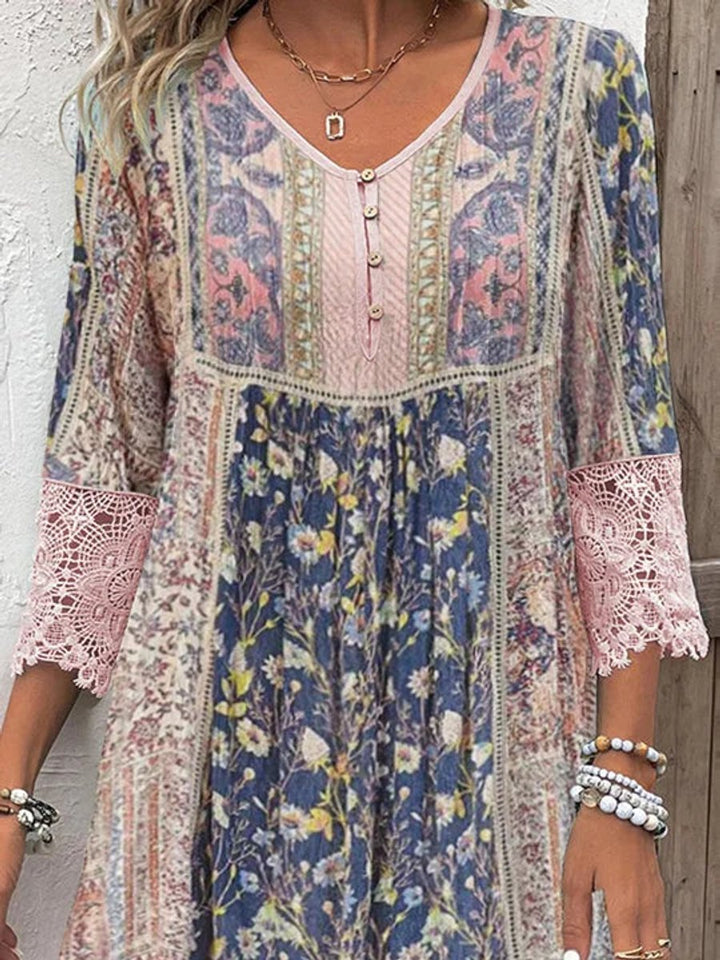 Damen Boho Blumen-Tunika Kleid mit Spitzenärmeln