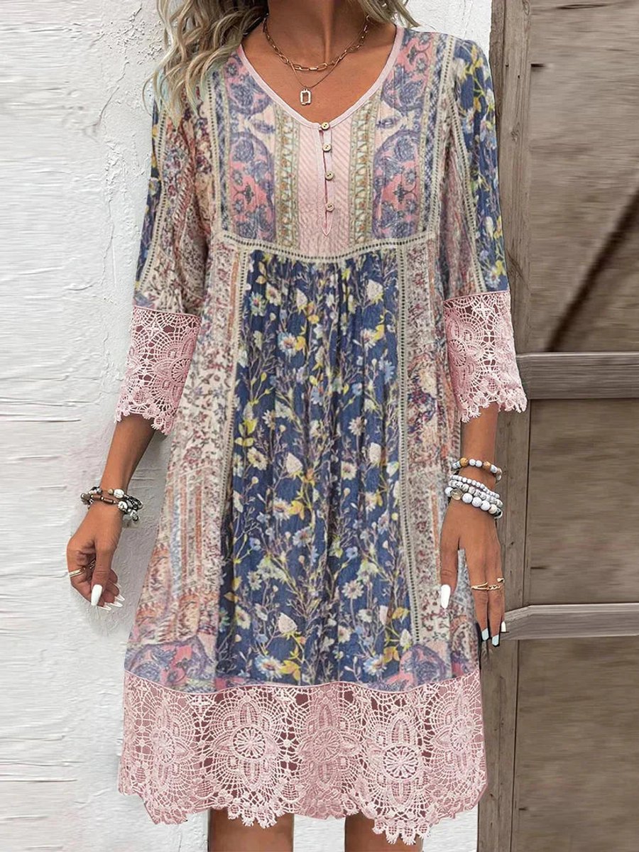 Damen Boho Blumen-Tunika Kleid mit Spitzenärmeln - Rosa