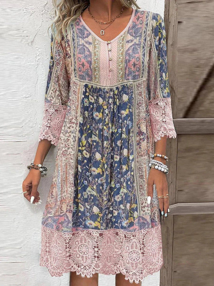Damen Boho Blumen-Tunika Kleid mit Spitzenärmeln - Rosa