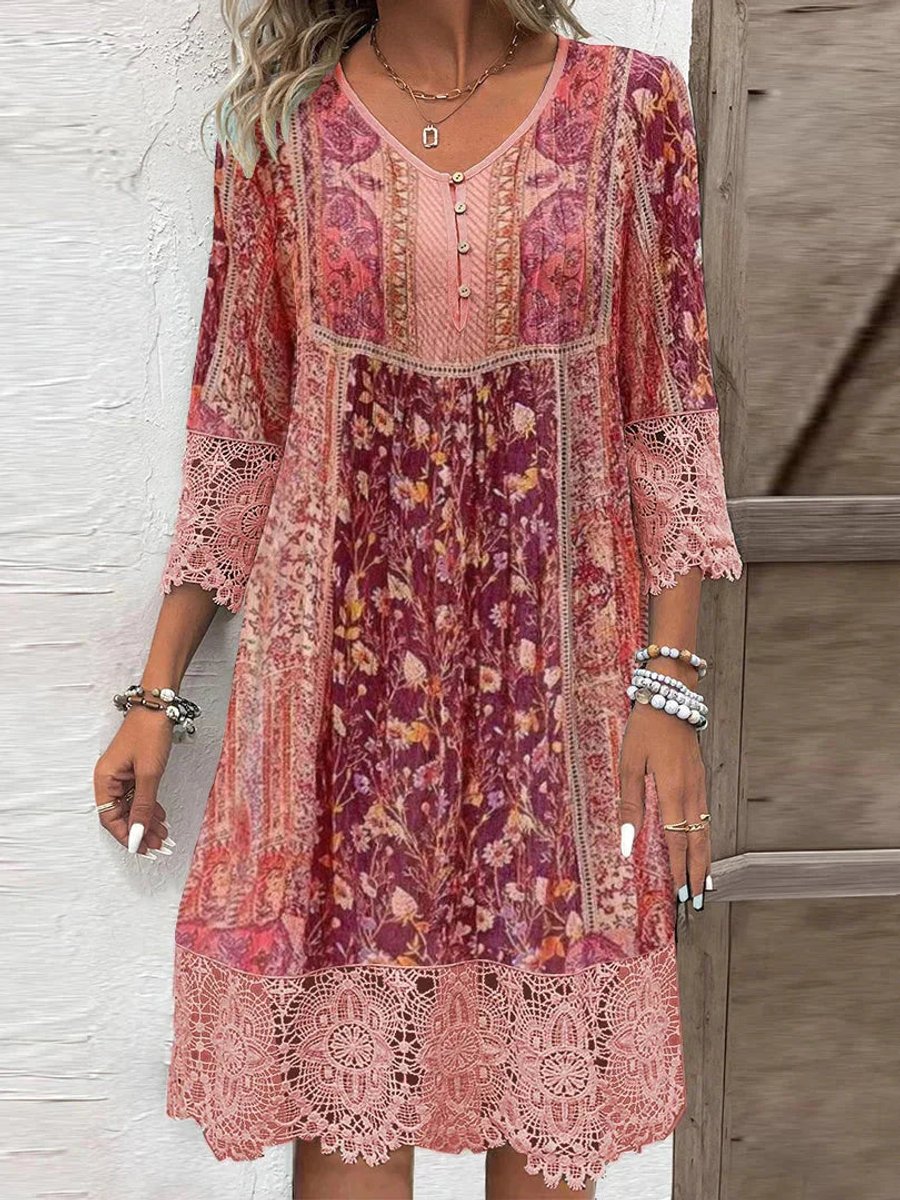 Damen Boho Blumen-Tunika Kleid mit Spitzenärmeln - Rot