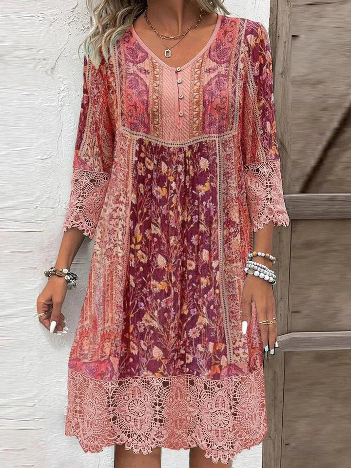 Damen Boho Blumen-Tunika Kleid mit Spitzenärmeln - Rot