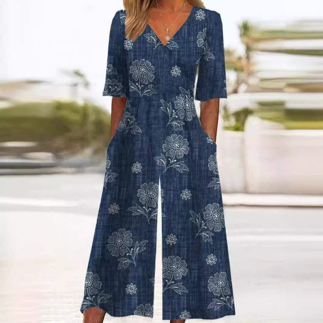 Damen Boho Blumenmuster V-Ausschnitt Halbarm Jumpsuit - Navy Blue