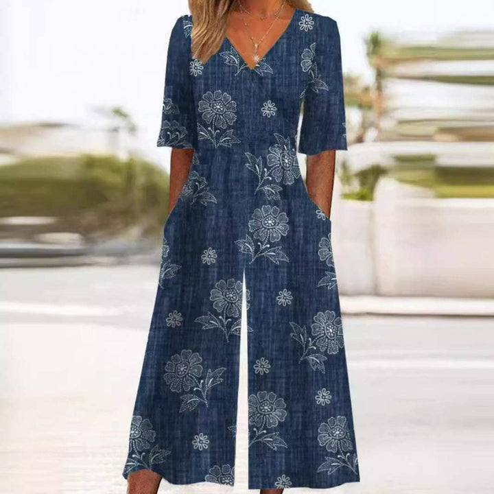 Damen Boho Blumenmuster V-Ausschnitt Halbarm Jumpsuit - Navy Blue