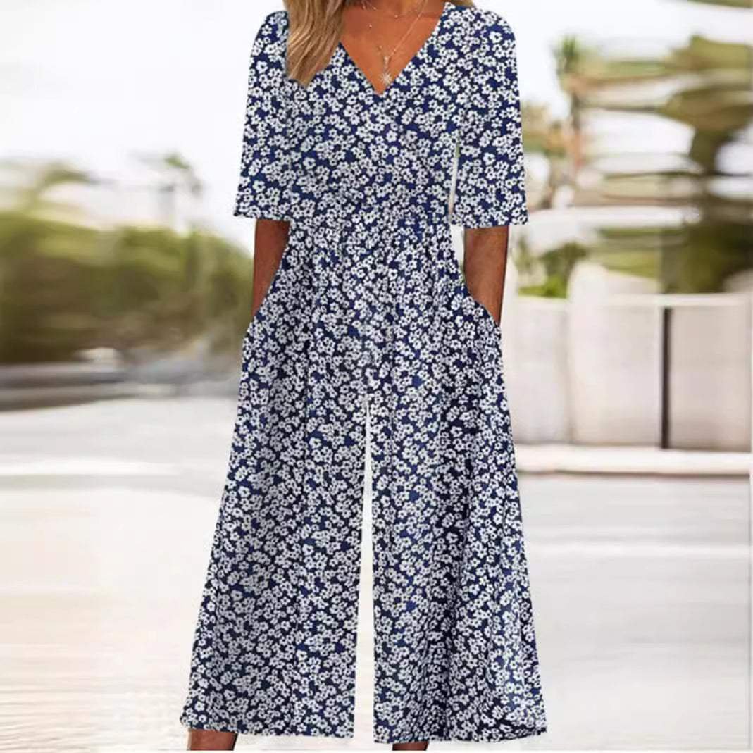 Damen Boho Blumenmuster V-Ausschnitt Halbarm Jumpsuit - White