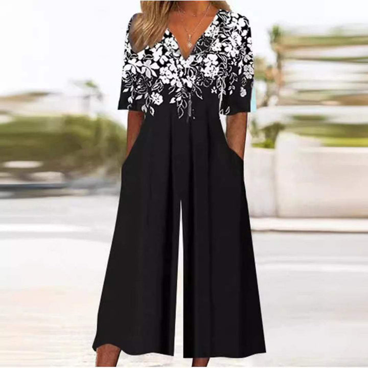 Damen Boho Blumenmuster V-Ausschnitt Halbarm Jumpsuit