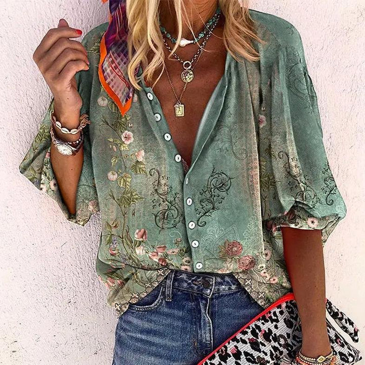 Damen Boho Bluse V-Ausschnitt Langarm Knopfleiste - Green