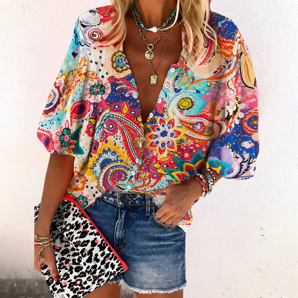 Damen Boho Bluse V-Ausschnitt Langarm Knopfleiste - Pink