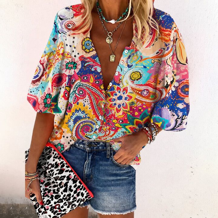 Damen Boho Bluse V-Ausschnitt Langarm Knopfleiste - Pink