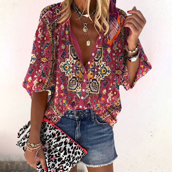 Damen Boho Bluse V-Ausschnitt Langarm Knopfleiste - Red