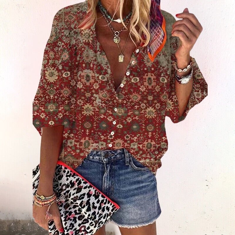 Damen Boho Bluse V-Ausschnitt Langarm Knopfleiste - Brown