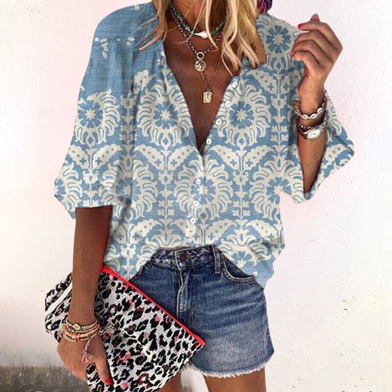 Damen Boho Bluse V-Ausschnitt Langarm Knopfleiste - Blue