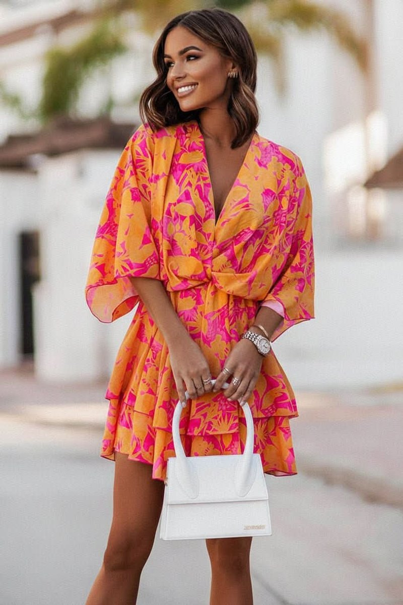Damen Boho Cocktailkleid Tropisches Muster Kurzarm Mini - Orange