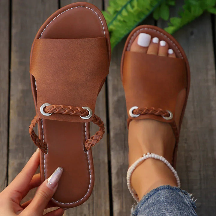 Damen Boho Geflochtene Flache Sandalen - Chocolate