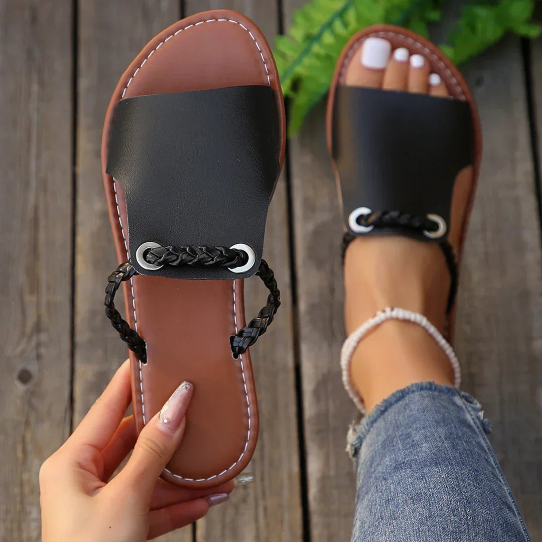 Damen Boho Geflochtene Flache Sandalen - Onyx Shade
