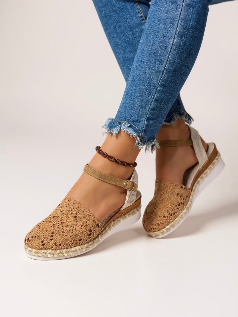 Damen Boho Häkel Platform Sandalen mit Knöchelriemen - Brown