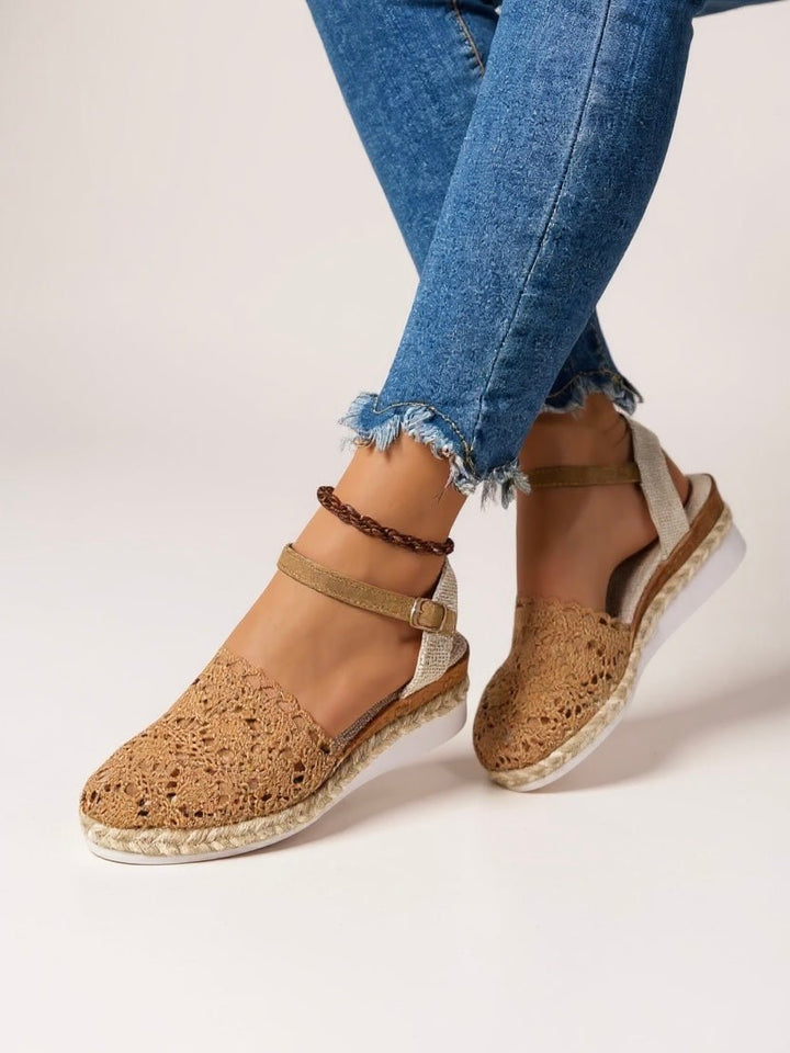 Damen Boho Häkel Platform Sandalen mit Knöchelriemen - Brown