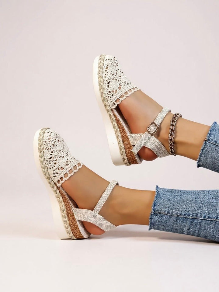 Damen Boho Häkel Platform Sandalen mit Knöchelriemen
