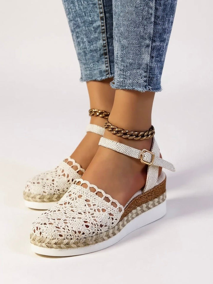 Damen Boho Häkel Platform Sandalen mit Knöchelriemen - Beige