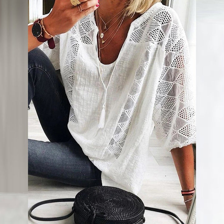 Damen Boho Häkeldetail Loose-Fit Dreiviertelarm Bluse - White(Only 3 left!)
