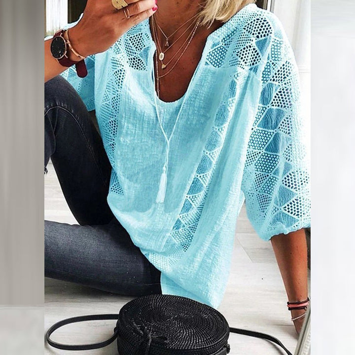 Damen Boho Häkeldetail Loose-Fit Dreiviertelarm Bluse - Light Blue (Only 2 left!)