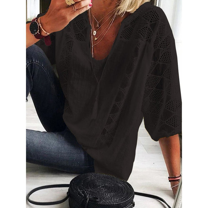 Damen Boho Häkeldetail Loose-Fit Dreiviertelarm Bluse - Black