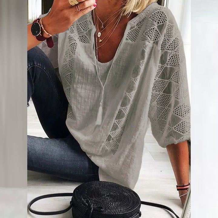Damen Boho Häkeldetail Loose-Fit Dreiviertelarm Bluse - Grey(Only 6 left!)