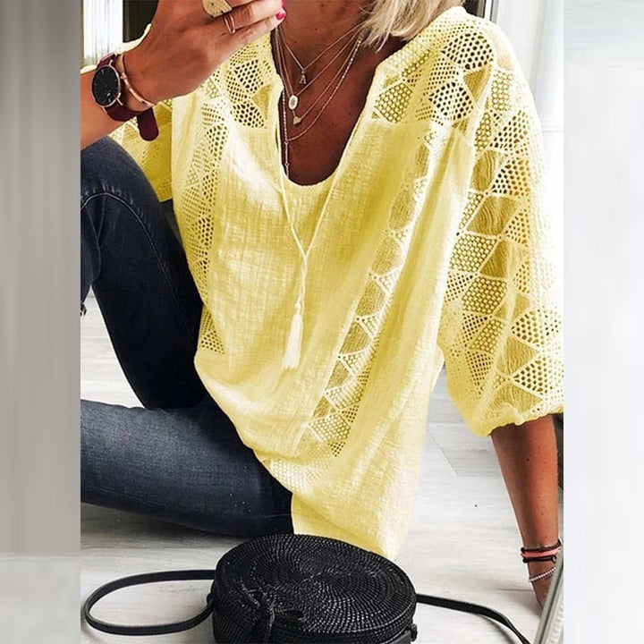 Damen Boho Häkeldetail Loose-Fit Dreiviertelarm Bluse - Yellow