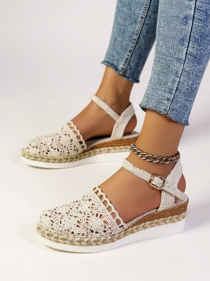 Damen Boho Häkelwerk Espadrille Comfortable Sandals Knöchelriemen - Beige