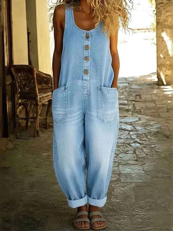 Damen Boho Jeans Overall Ärmellos Locker Sitzend - Light Blue