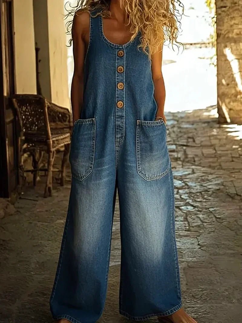 Damen Boho Jeans Overall Ärmellos Locker Sitzend - Blue