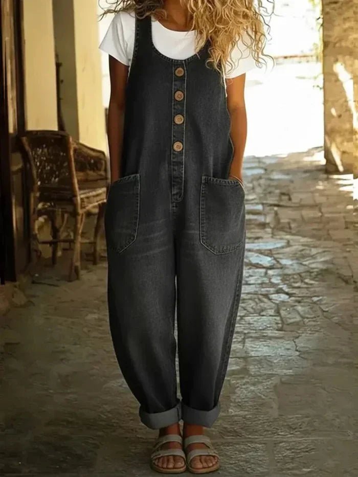 Damen Boho Jeans Overall Ärmellos Locker Sitzend - Black