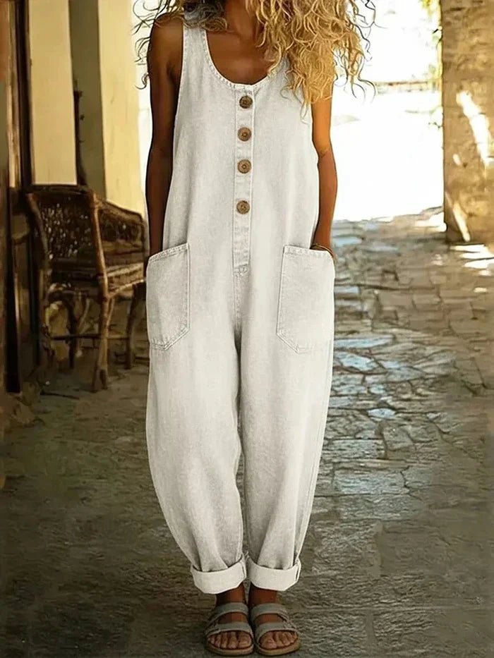 Damen Boho Jeans Overall Ärmellos Locker Sitzend - White
