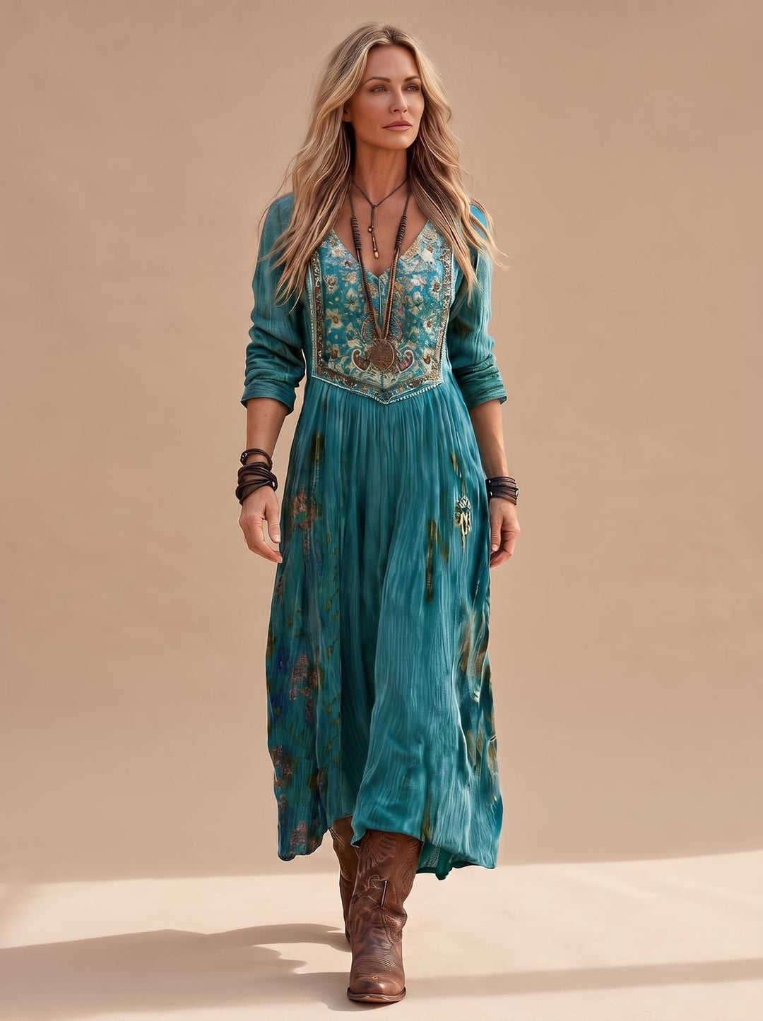 Damen Boho-Kleid Langarm V-Ausschnitt Vintage Midi-Kleid - Grün