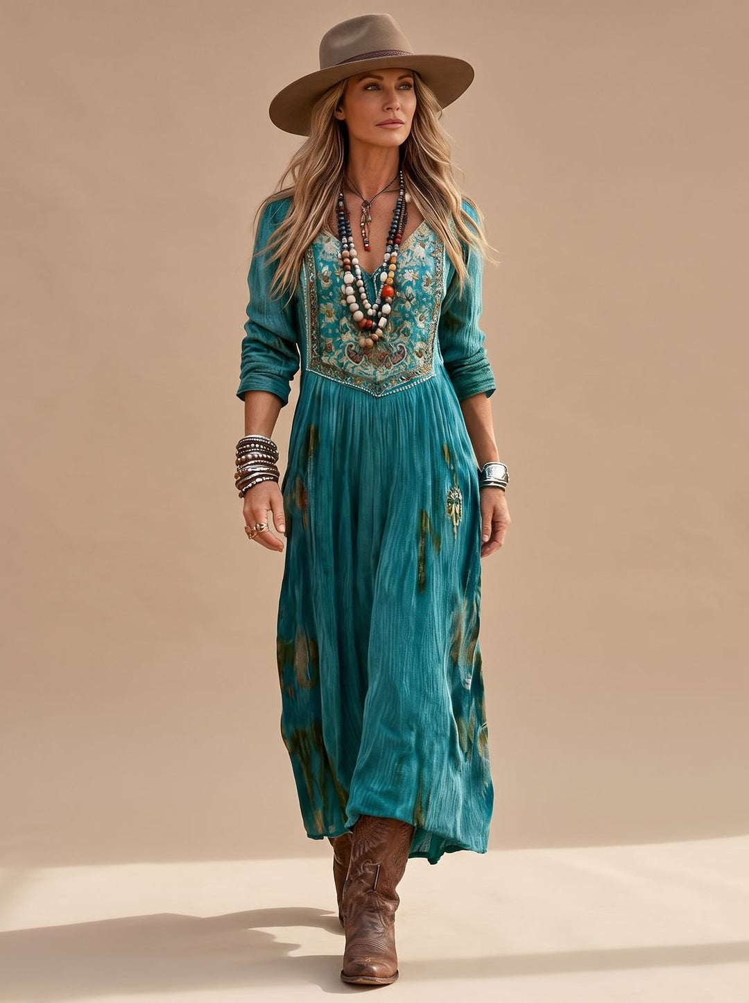Damen Boho-Kleid Langarm V-Ausschnitt Vintage Midi-Kleid