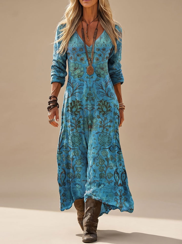 Damen Boho Kleid Langarm Vintage Blumenprint V-Ausschnitt Maxi - Blau