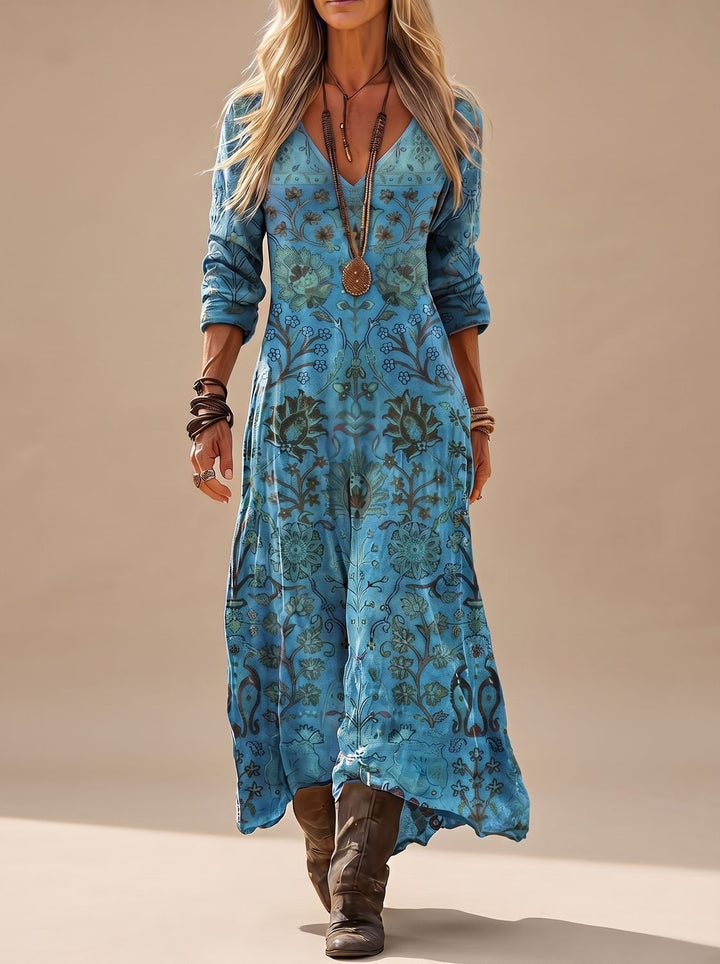 Damen Boho Kleid Langarm Vintage Blumenprint V-Ausschnitt Maxi