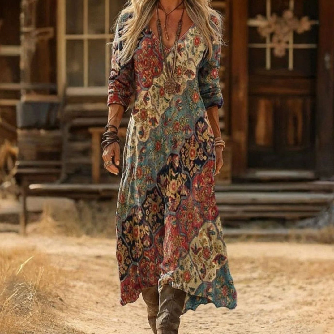 Damen Boho-Kleid Vintage Blumendruck Langarm Maxi-Kleid - Mehrfarbig