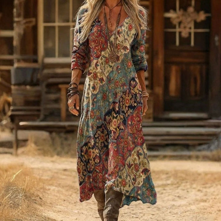 Damen Boho-Kleid Vintage Blumendruck Langarm Maxi-Kleid - Mehrfarbig