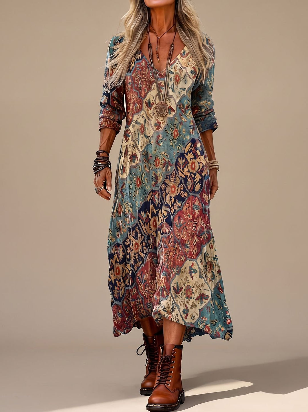 Damen Boho-Kleid Vintage Blumendruck Langarm Maxi-Kleid