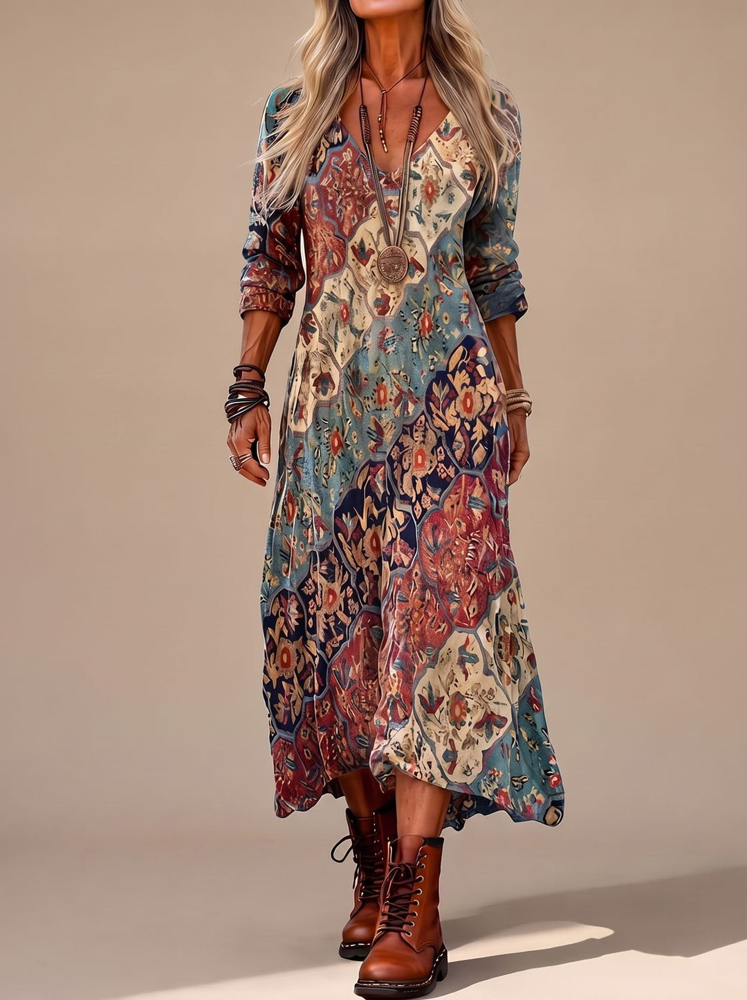 Damen Boho-Kleid Vintage Blumendruck Langarm Maxi-Kleid