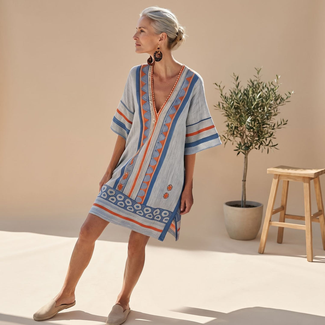 Damen Boho Kurzarm-Minikleid mit V-Ausschnitt und Ethno-Muster - Blaues und orangefarbenes Muster