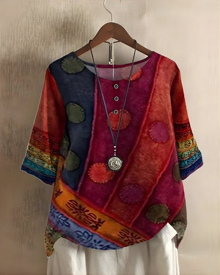 Damen Boho Kurzarm-Oberteil mit Buntem Ethno-Print - Rot